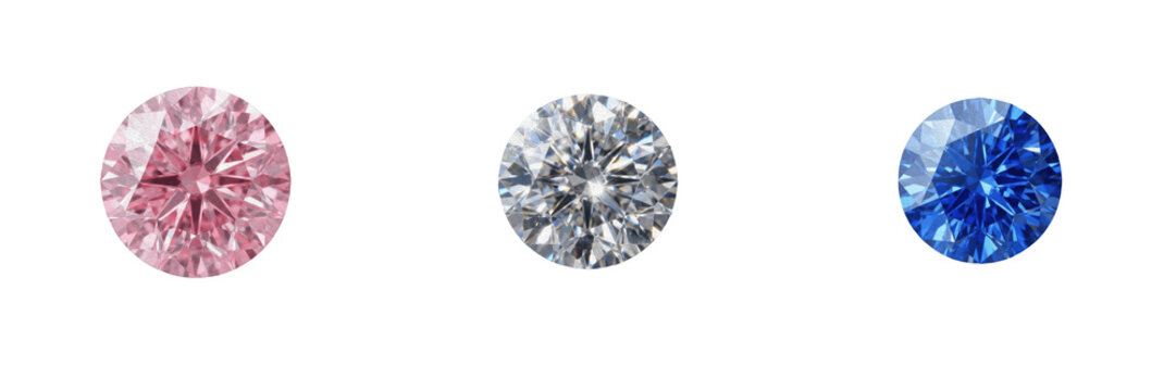 Three brilliant-cut round gemstones featuring a pink diamond, a clear white diamond, and a vibrant blue sapphire isolated on a white background, high-resolution stock PNG image   