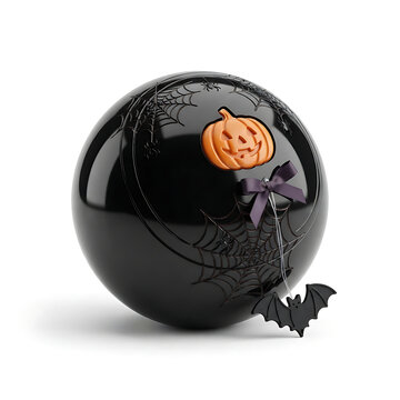 A single polished black bocce ball decorated with Halloween details