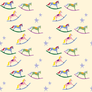 seamless pattern with colorful horse and star on yellow background. baby, children, newborn, cartoon.