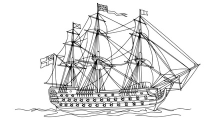 Elegant Vintage Sailing Ship Illustration, Nautical Line Art © Ipung