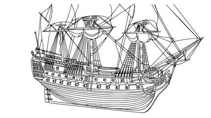 Vintage Sailing Ship Line Art Illustration Isolated © Ipung