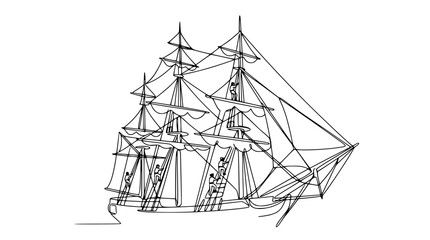 Continuous Line Drawing of a Sailing Ship with Full Sails, Isolated © Ipung