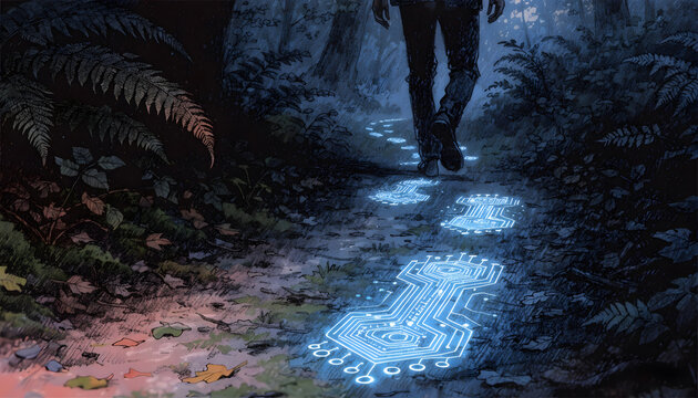 Glowing electronic circuit bootprints along dark mossy path. Digital footprint and biometric identity concept. Man walking through shadowy woodland leaving illuminated tracks