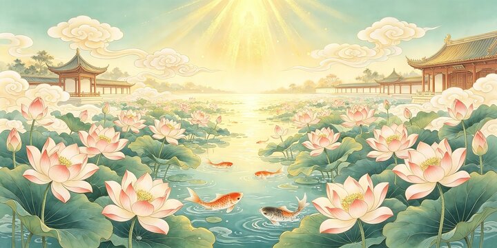 Traditional Chinese Painting Lotus Pond With Koi Fish Golden Sunlight Pavilions And Glowing Buddha Silhouette