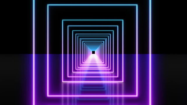 Glowing geometric frames form a deep neon corridor in blue and violet tones, suited for technology, virtual worlds, gaming, stage visuals, sci fi backgrounds, portals and transitions for modern media.