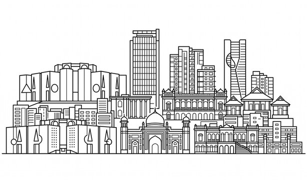 Dhaka Bangladesh City Skyline with Modern and Historic Landmarks Outline Vector
