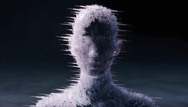 Glitch crystal bust of human face shattering in darkness. Artificial intelligence and digital distortion concept. Spiky cyber avatar dissolving against dark background
