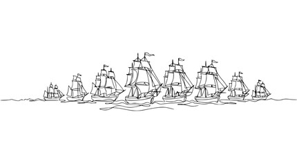 Fleet of Vintage Sailing Ships Line Art - Isolated Vector Illustration © Ipung
