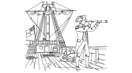 Nautical Navigator with Spyglass on Sailing Ship Deck © Ipung