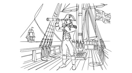 Naval Officer with Spyglass on Sailing Ship Deck, Union Jack Flag © Ipung