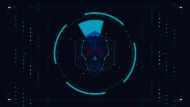Cyber threat detection interface displays skull icon within HUD targeting system, cybersecurity alert, digital security