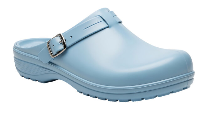 Light blue crocs style clog slip on shoe with elastic strap isolated on transparent background
