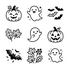 Fototapeta premium Cute autumn and halloween holiday icon set graphic design with pumpkin ghost and bat symbols