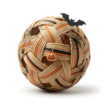 A single traditional sepak takraw ball decorated with Halloween ornaments