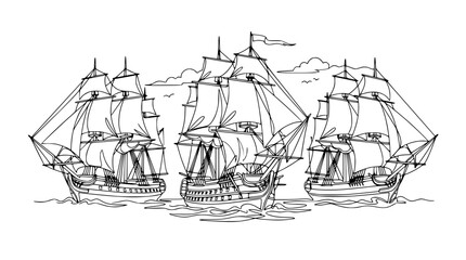 Vintage Sailing Ships Fleet, Nautical Line Art, Isolated on Transparent Background © Ipung