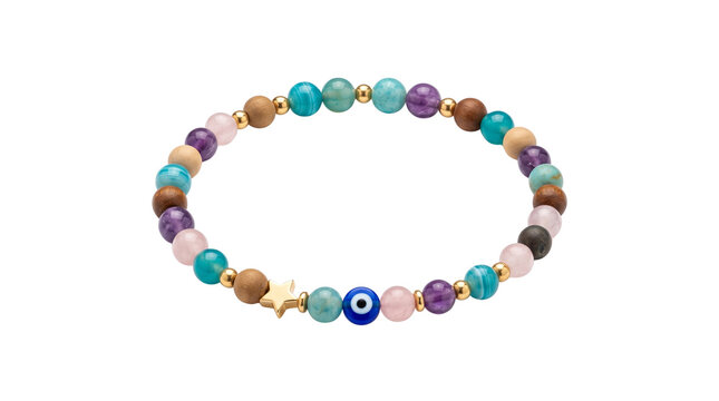 Boho evil eye beaded bracelet with colorful gemstones, spiritual protection jewelry with gold star charm, handmade elastic stone bracelet