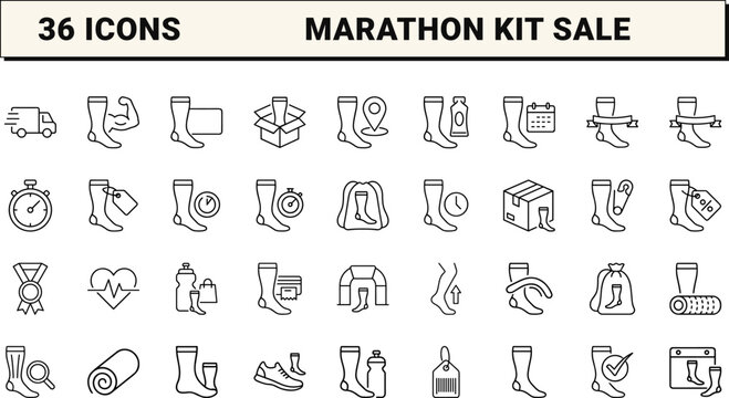 Compression Sock Race Kit Sale Web Icon Set in Linear Style. Collection of Runner Gear line icons, including marathon, sportswear, race bib, order tracking, clearance, logistics.