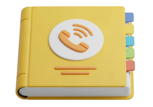 Yellow contact book icon. 3D address book with phone symbol. Digital directory interface.