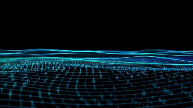 Futuristic data waves with luminous binary numbers and layered blue lines create a dynamic technology scene for AI, analytics, cloud computing, network systems, finance and science for commercial use.