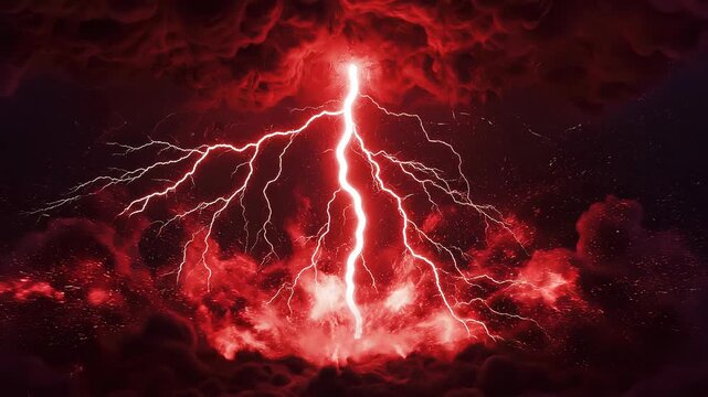 Crimson lightning striking through dark storm clouds with atmospheric energy and power during a tempest