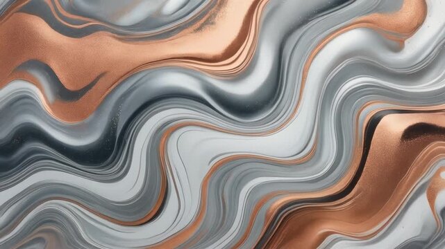 Elegant Silver and Copper Liquid Marble Background with Flowing Wave Pattern, Luxurious Metallic Abstract Texture