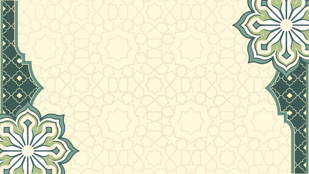 Traditional Islamic geometric star pattern background presentation with green floral corners