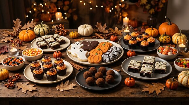 Delicious halloween sweet treats dessert table with cookies cupcakes.