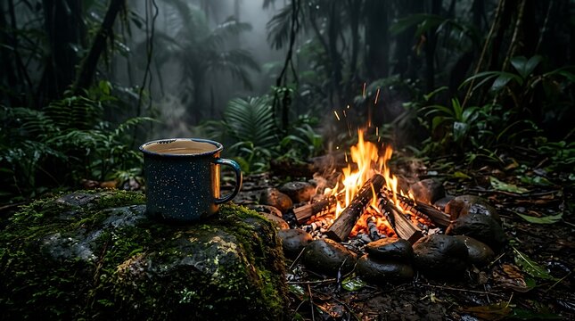 Close up of glowing campfire and enamel coffee mug in misty forest