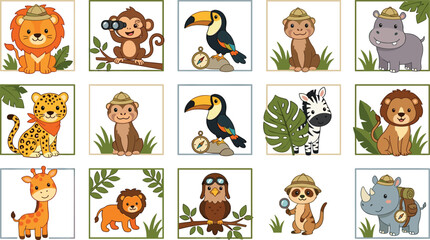 Fototapeta premium Cute Safari Animal Character Collection with Lion, Monkey, Toucan, Hippo, Leopard, Zebra, Giraffe, Owl, Rhinoceros, and Adventurous Wildlife Friends