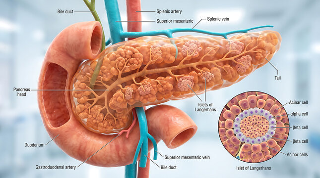 Detailed Anatomical Illustration Of Human Pancreas Showing Head Tail Duct Islets Of Langerhans And Surrounding Vessels With Cellular Inset