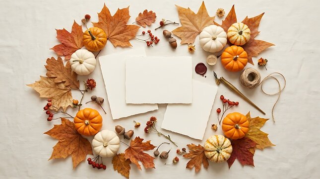 Autumn flatlay with blank cards pumpkins leaves and ink pen on backdrop.
