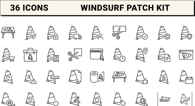 Windsurf Sail Repair Patch Web Icon Set in Linear Style. Collection of equipment, maintenance, order tracking, packaging, store service, logistics.