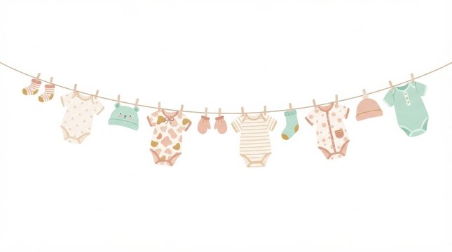 A collection of newborn clothes hanging on a line showcases decorations for a baby shower. The items create a festive atmosphere for the celebration.