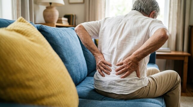 Senior Man Suffering from Severe Lower Back Pain While Sitting on Sofa at Home - Healthcare and Aging Concept