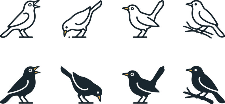 Minimalist Blackbird Icon Set Featuring Various Bird Postures For Nature Design Projects And Professional Wildlife Branding Illustrations.