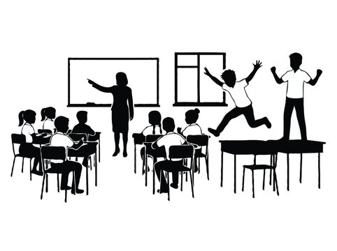 Classroom Scene Silhouette with Teacher Students and Disobedient Kids