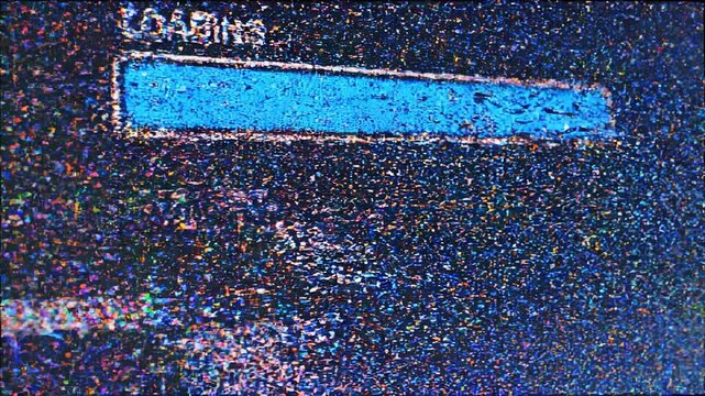 Digital loading bar animation with glitch effect during buffering sequence on dark screen