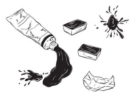 Hand drawn open paint tube with leaking acrylic paint and watercolor pans. Monochrome black and white ink illustration, vintage line art style, isolated on white. Great for logos and labels.