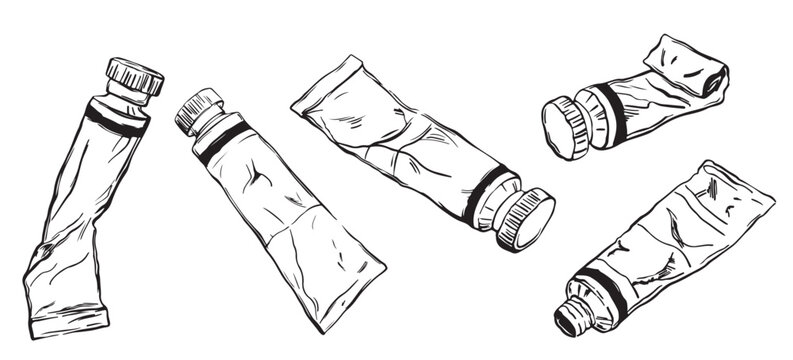 Hand drawn set of paint tubes for watercolor or acrylic. Monochrome black and white ink illustration, vintage line art style, isolated on white. Great for logos, labels, cards and packaging.