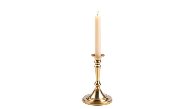 Vintage antique metallic brass long candle candlestick holder isolated on transparent background.
