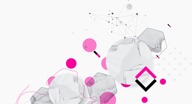 Science research visualization vector with structure models and purple elements. Wireframe art.