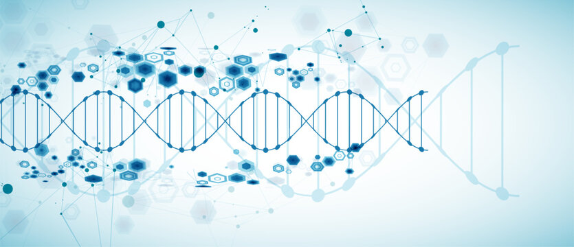 Abstract medical background with blue DNA helix structure and technology hexagons. Vector illustration