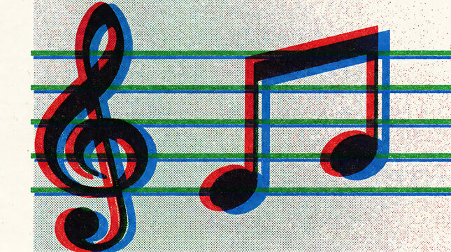 Colorful noisy texture musical background with treble clef illustration