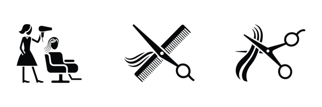 hairdressing salon and styling tools icon collection featuring barber scissors comb hair dryer and professional grooming equipment