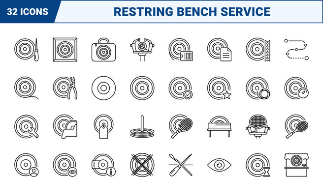 Racket String Reel Restring Bench Job Web Icon Set in Linear Style. Collection of Racket Maintenance line icons, including stringing, tennis workshop, equipment, tensioning, stringer tools.