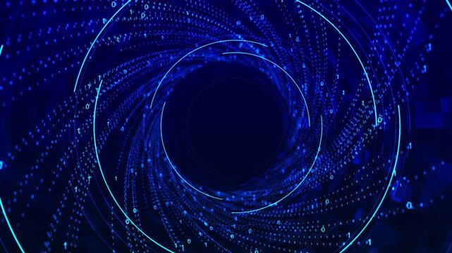 Futuristic binary tunnel with rotating azure data numbers and luminous rings creates a high tech visual for software, encryption, cyber systems, computing, digital networks and information processing.