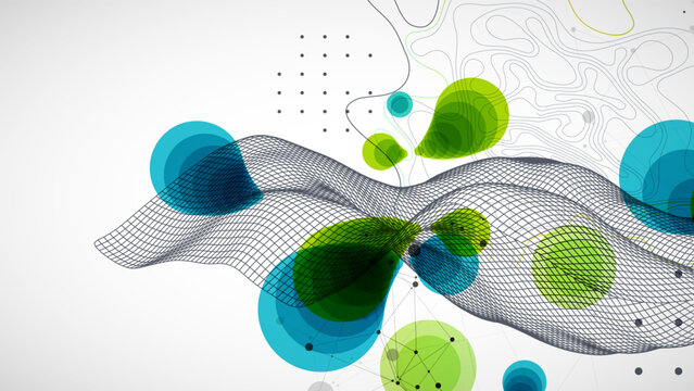 Abstract geometric background with green and blue circles and wireframe wave. Vector