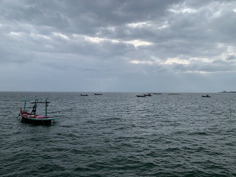 boat in sea view on dim day background