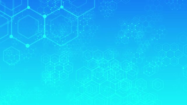 Blue and cyan hexagonal structures float across a bright futuristic background with glowing nodes and geometric depth, creating a clean science, chemistry, medical, network, and technology visual.