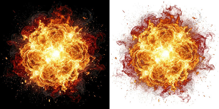 Fiery explosion with bright flames and sparks, intense fireball blast isolated on transparent background